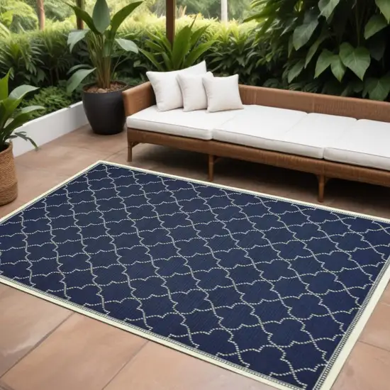 Blue and Ivory Geometric Stain Resistant Indoor Outdoor Area Rug Photo 1