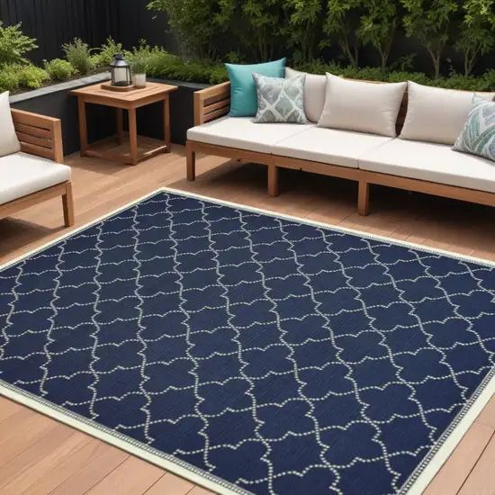 Blue and Ivory Geometric Stain Resistant Indoor Outdoor Area Rug Photo 1