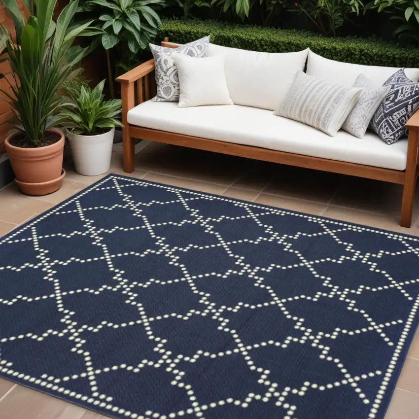 Blue and Ivory Geometric Stain Resistant Indoor Outdoor Area Rug Photo 1