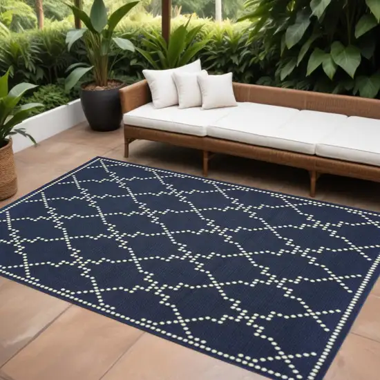Blue and Ivory Geometric Stain Resistant Indoor Outdoor Area Rug Photo 1
