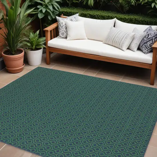 Blue and Green Geometric Stain Resistant Indoor Outdoor Area Rug Photo 1