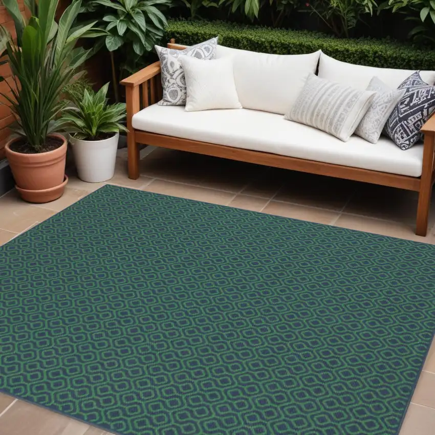 Blue and Green Geometric Stain Resistant Indoor Outdoor Area Rug Photo 1