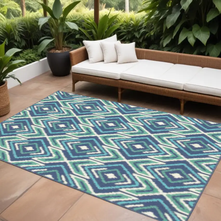 Blue and Ivory Geometric Stain Resistant Indoor Outdoor Area Rug Photo 1
