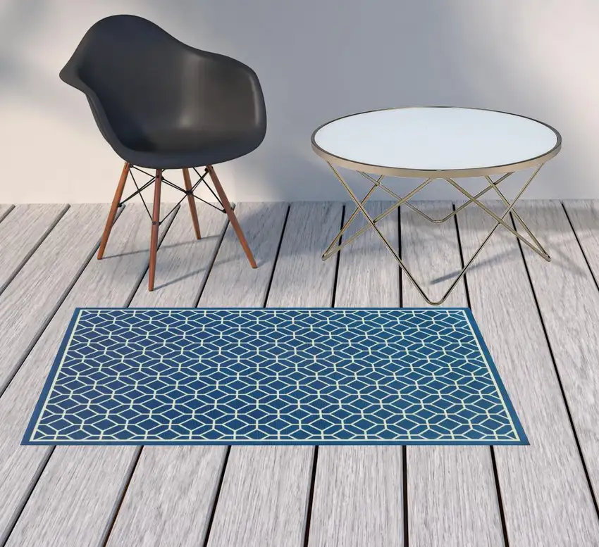 3' X 5' Navy Geometric Stain Resistant Indoor Outdoor Area Rug Photo 2
