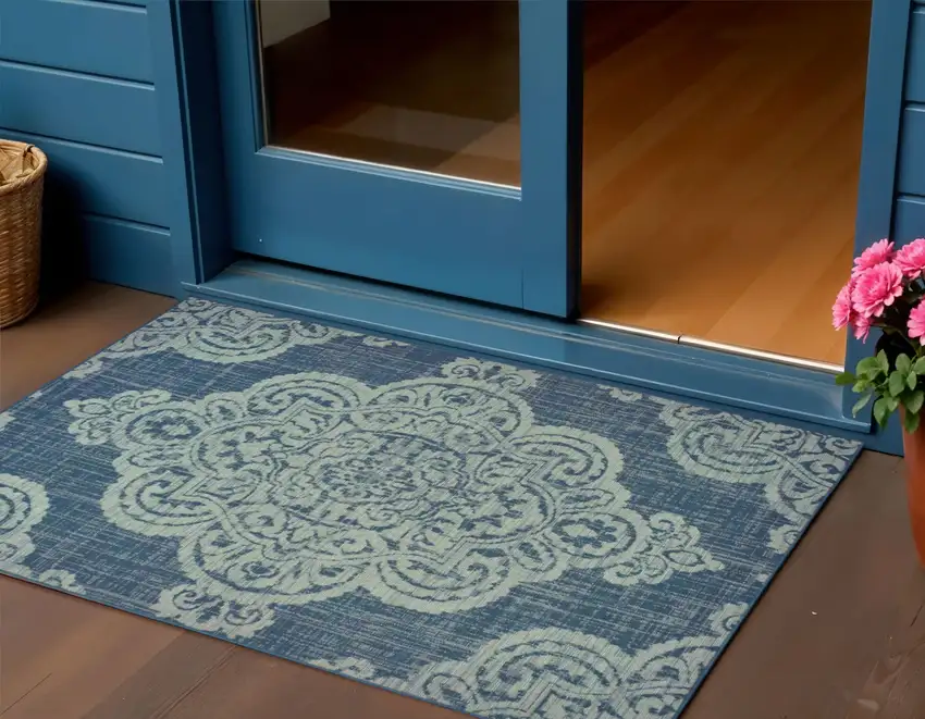 Blue Oriental Stain Resistant Indoor Outdoor Area Rug Photo 1