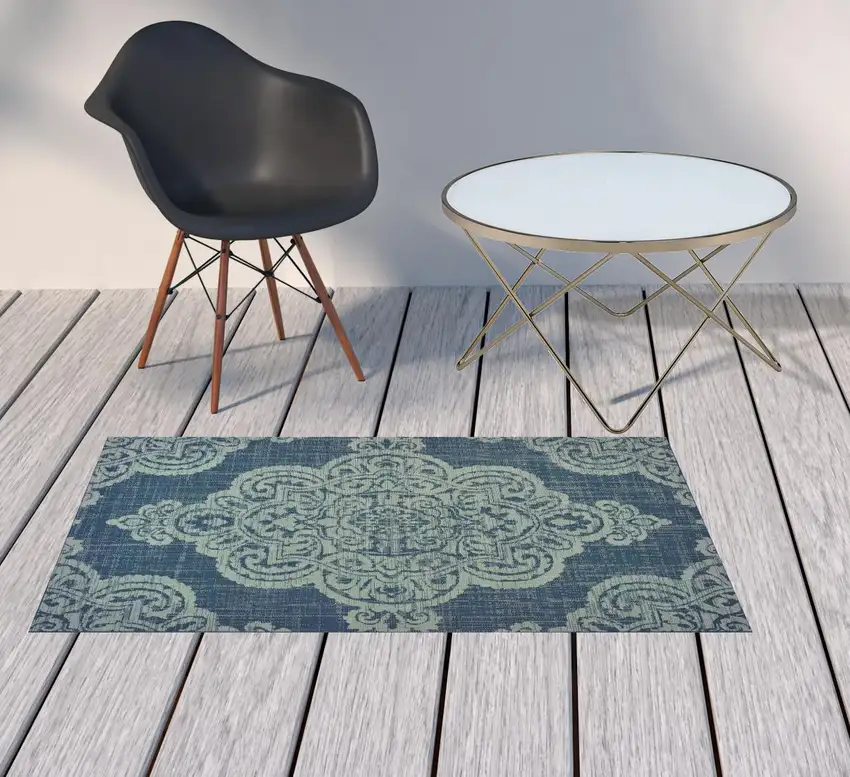 3' X 5' Navy Oriental Stain Resistant Indoor Outdoor Area Rug Photo 2