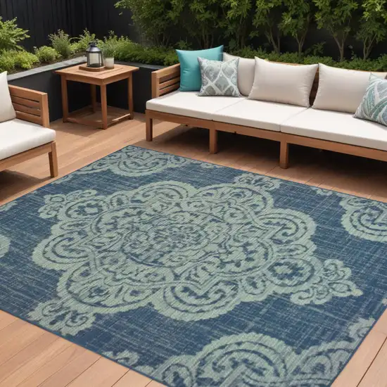 Blue Oriental Stain Resistant Indoor Outdoor Area Rug Photo 1
