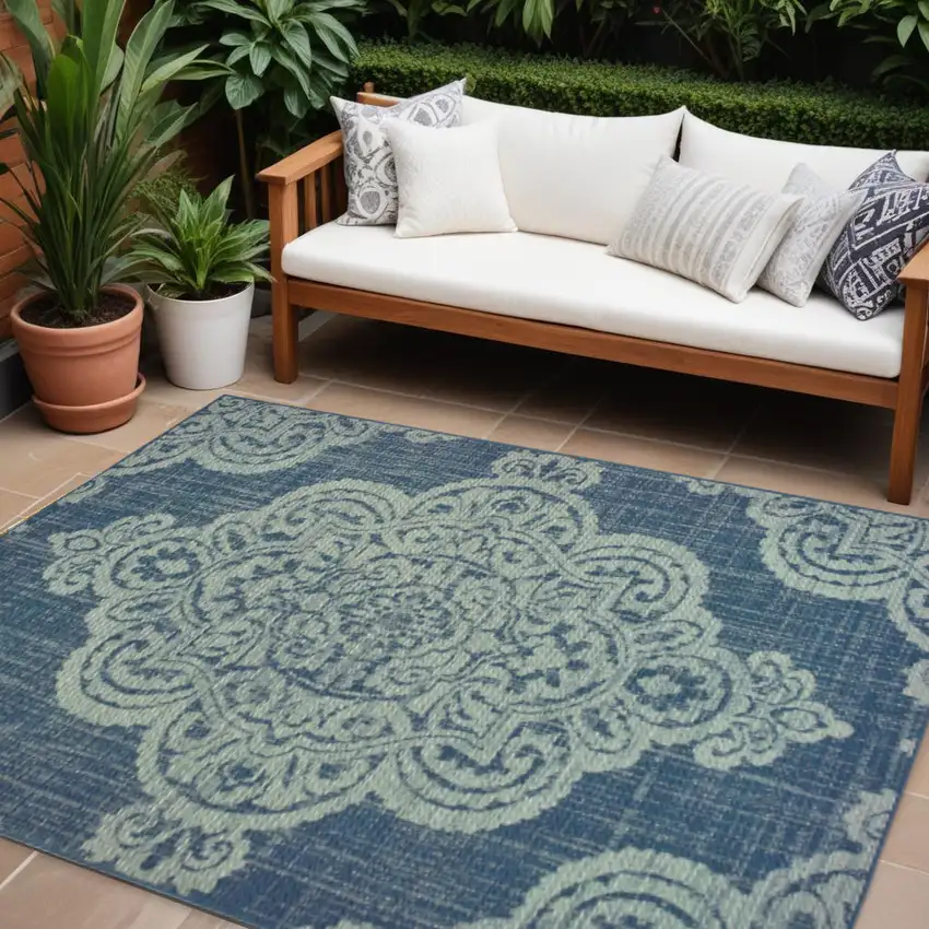 Blue Oriental Stain Resistant Indoor Outdoor Area Rug Photo 1