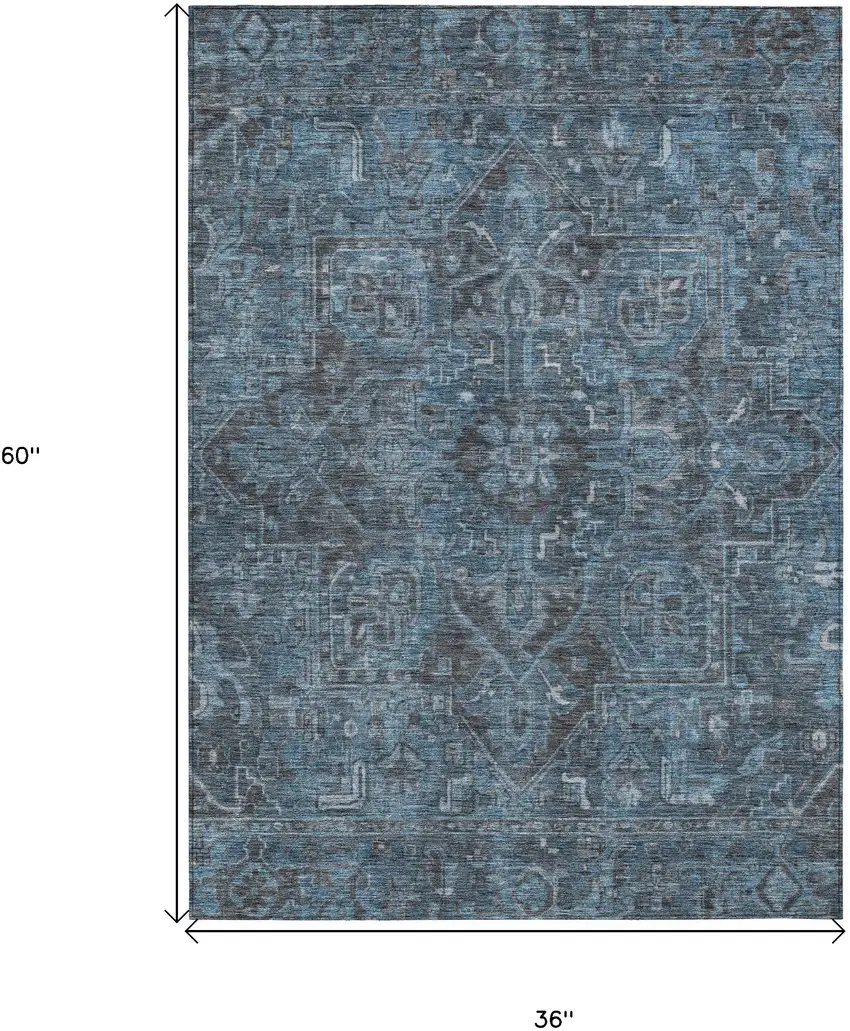 3' X 5' Navy and Black Oriental Washable Non Skid Indoor Outdoor Area Rug Photo 3
