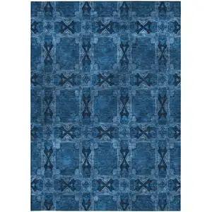Photo of 3' X 4' Navy and Gray Floral Medallion Washable Non Skid Indoor Outdoor Area Rug