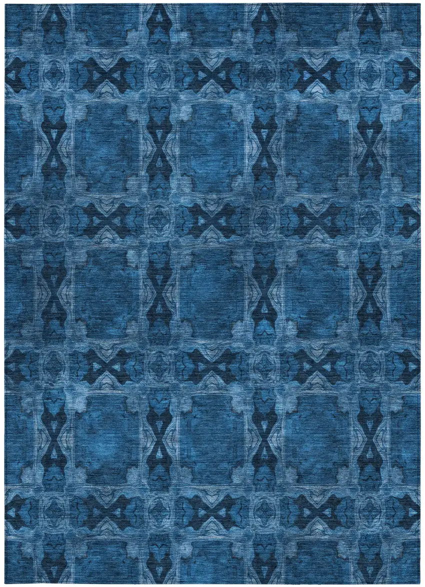 Navy and Gray Floral Medallion Washable Non Skid Indoor Outdoor Area Rug Photo 5