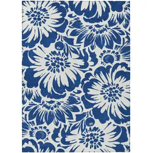 Photo of 3' X 4' Navy and Ivory Floral Washable Non Skid Indoor Outdoor Area Rug
