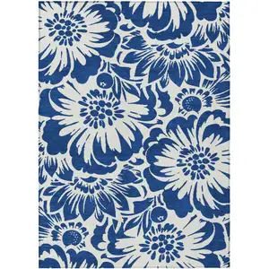 Photo of 3' X 4' Navy and Ivory Floral Washable Non Skid Indoor Outdoor Area Rug