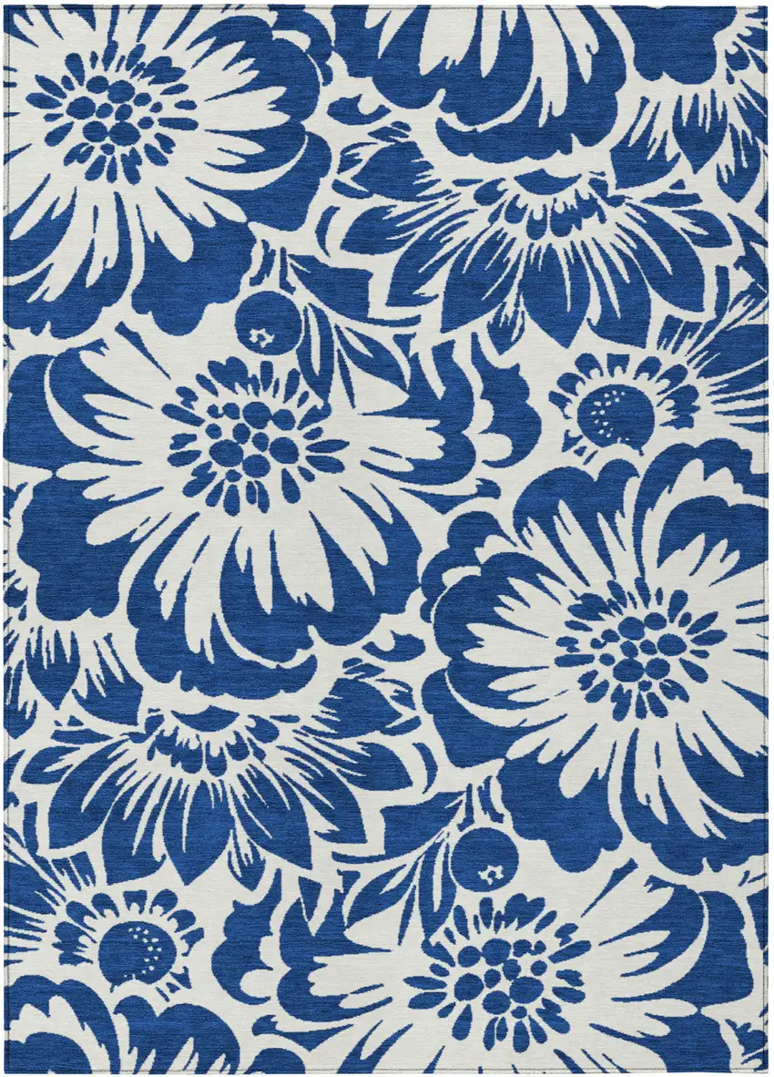 3' X 4' Navy and Ivory Floral Washable Non Skid Indoor Outdoor Area Rug Photo 2