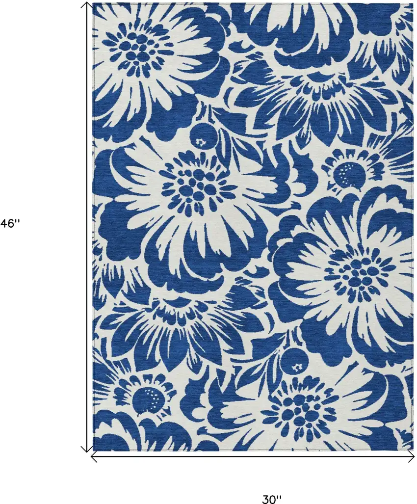 3' X 4' Navy and Ivory Floral Washable Non Skid Indoor Outdoor Area Rug Photo 3