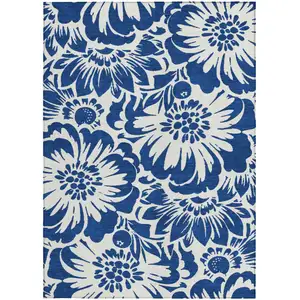 Photo of 3' X 5' Navy and Ivory Floral Washable Non Skid Indoor Outdoor Area Rug