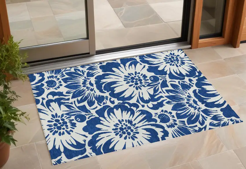 Navy and Ivory Floral Washable Non Skid Indoor Outdoor Area Rug Photo 1