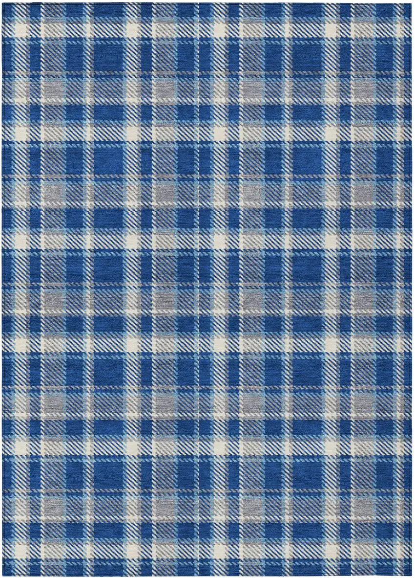 3' X 4' Navy and Ivory Plaid Washable Non Skid Indoor Outdoor Area Rug Photo 2