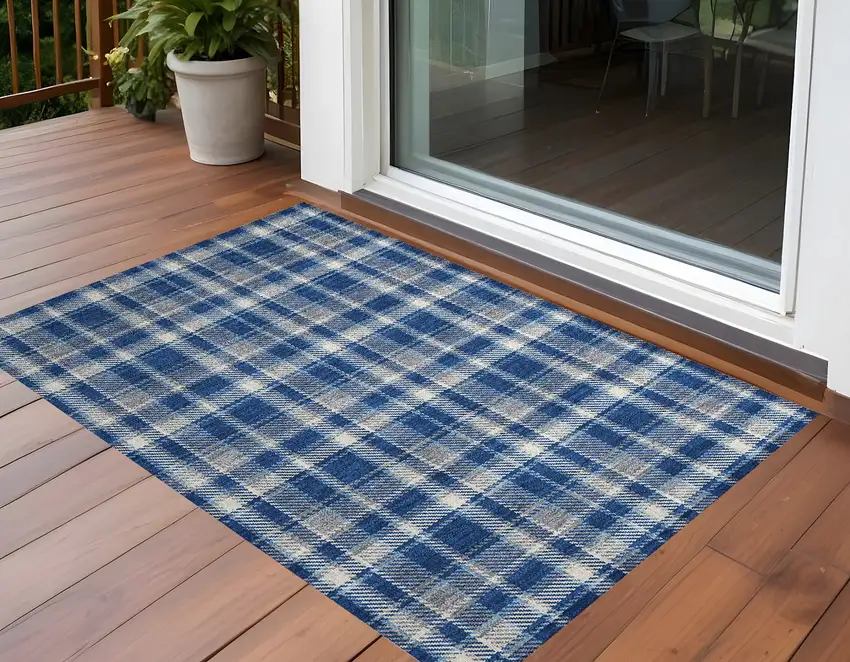 Navy and Ivory Plaid Washable Non Skid Indoor Outdoor Area Rug Photo 1