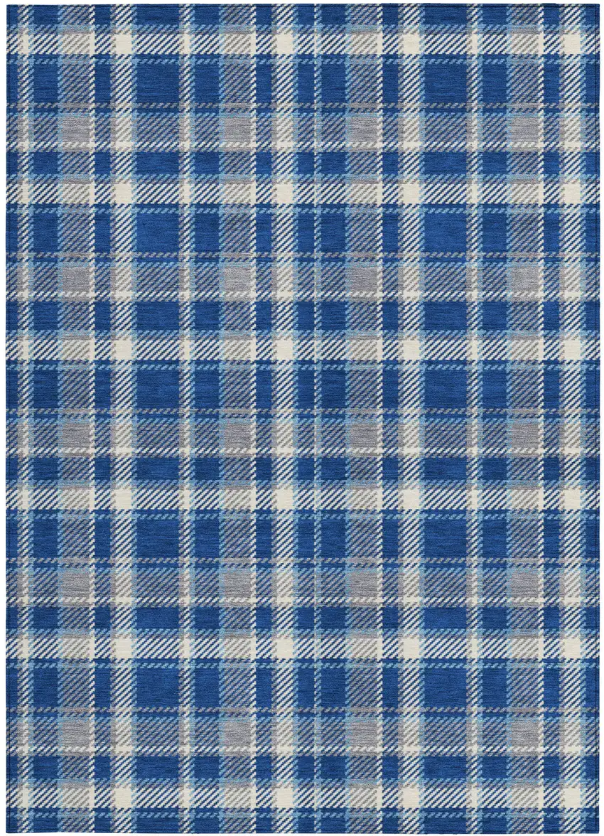 3' X 4' Navy and Ivory Plaid Washable Non Skid Indoor Outdoor Area Rug Photo 4
