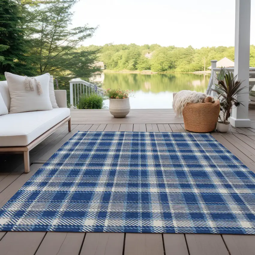 3' X 4' Navy and Ivory Plaid Washable Non Skid Indoor Outdoor Area Rug Photo 8