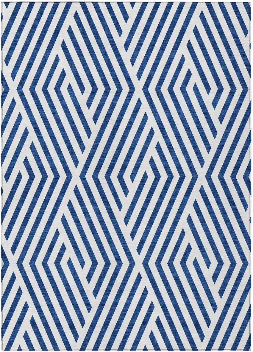 3' X 4' Navy and White Geometric Washable Non Skid Indoor Outdoor Area Rug Photo 2
