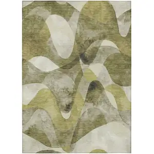 Photo of 3' X 5' Olive Green Abstract Washable Non Skid Indoor Outdoor Area Rug