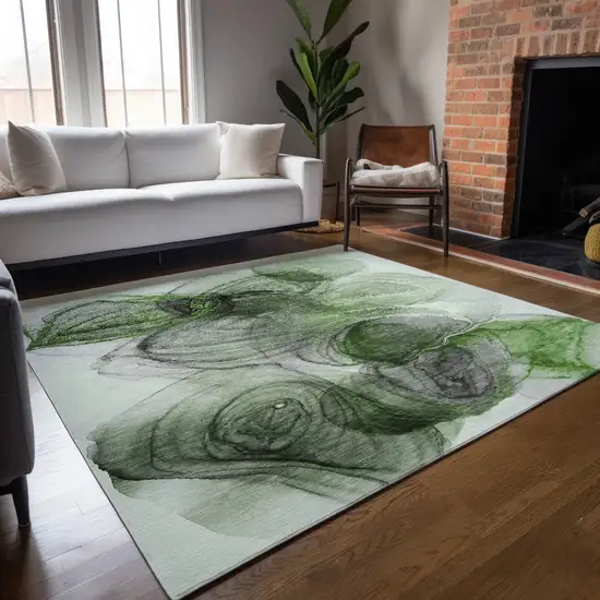 Olive Green Abstract Washable Non Skid Indoor Outdoor Area Rug Photo 9