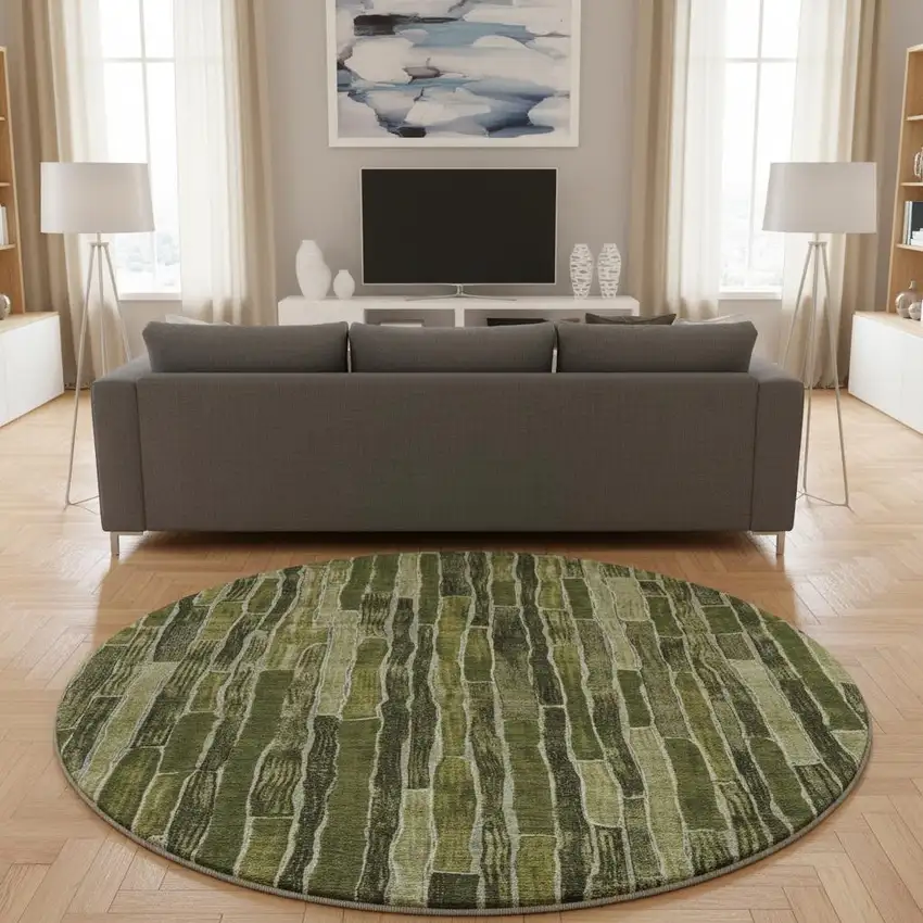 8' X 8' Olive Green And Beige Striped Washable Round Rug With UV Protection Photo 2