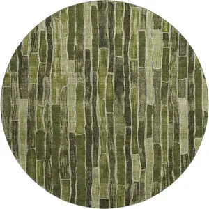 Photo of 8' X 8' Olive Green And Beige Striped Washable Round Rug With UV Protection