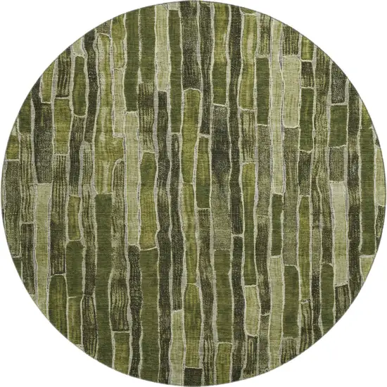 8' X 8' Olive Green And Beige Striped Washable Round Rug With UV Protection Photo 1