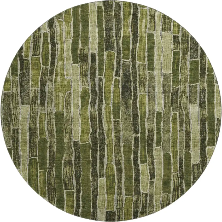 8' X 8' Olive Green And Beige Striped Washable Round Rug With UV Protection Photo 1