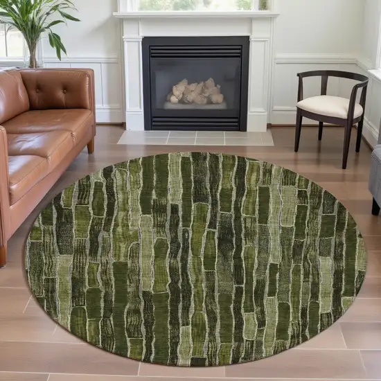8' X 8' Olive Green And Beige Striped Washable Round Rug With UV Protection Photo 4