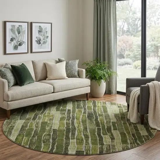 8' X 8' Olive Green And Beige Striped Washable Round Rug With UV Protection Photo 1