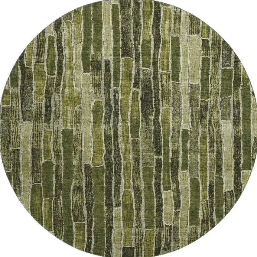 8' X 8' Olive Green And Beige Striped Washable Round Rug With UV Protection Photo 3