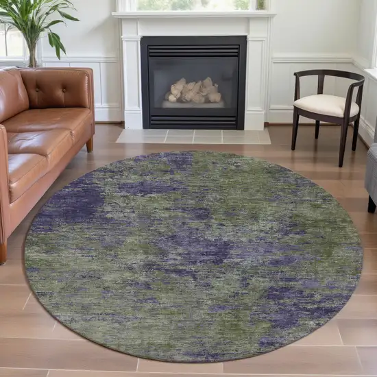 8' X 8' Olive Green And Purple Abstract Washable Round Rug With UV Protection Photo 4