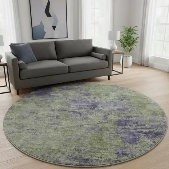 8' X 8' Olive Green And Purple Abstract Washable Round Rug With UV Protection Photo 2