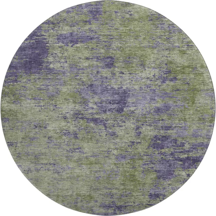 8' X 8' Olive Green And Purple Abstract Washable Round Rug With UV Protection Photo 1
