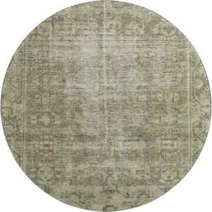 Photo of 8' X 8' Olive Green And Silver Oriental Washable Round Rug With UV Protection