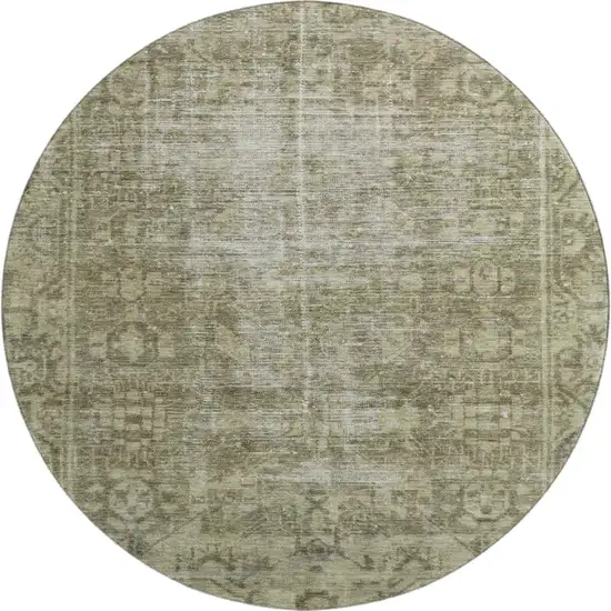 8' X 8' Olive Green And Silver Oriental Washable Round Rug With UV Protection Photo 1