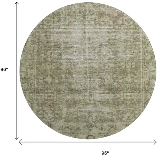 8' X 8' Olive Green And Silver Oriental Washable Round Rug With UV Protection Photo 8