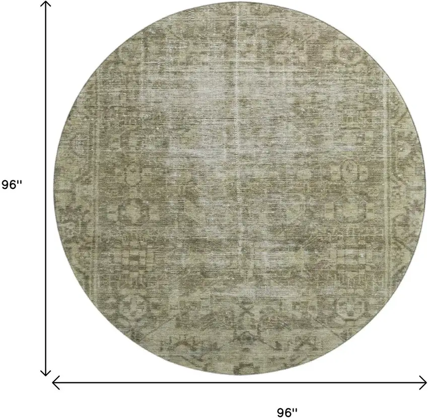 8' X 8' Olive Green And Silver Oriental Washable Round Rug With UV Protection Photo 8
