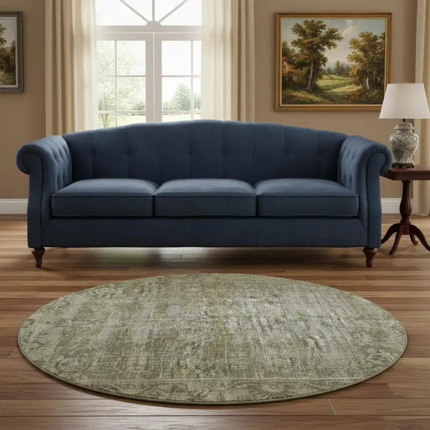 8' X 8' Olive Green And Silver Oriental Washable Round Rug With UV Protection Photo 2