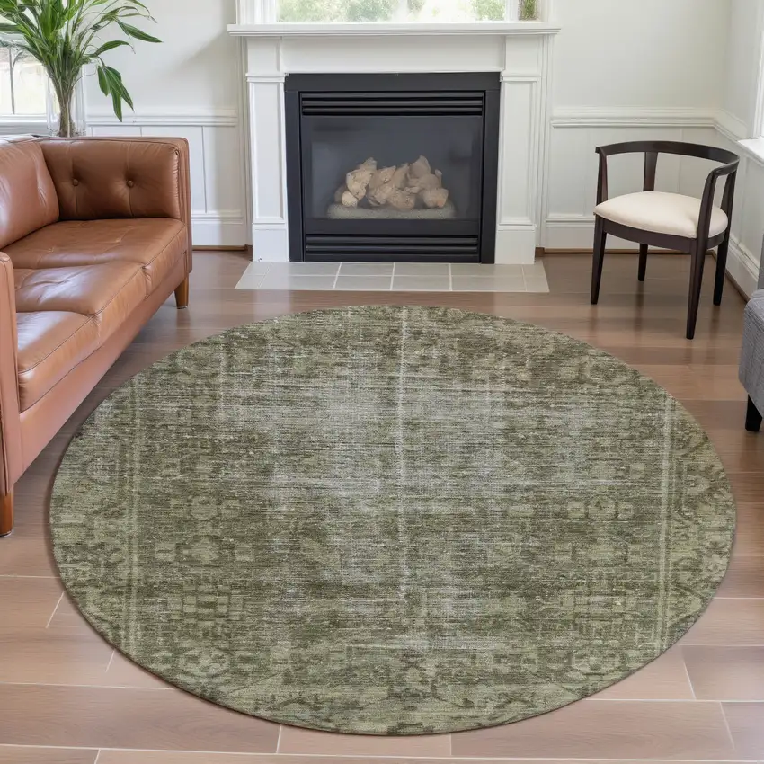 8' X 8' Olive Green And Silver Oriental Washable Round Rug With UV Protection Photo 3