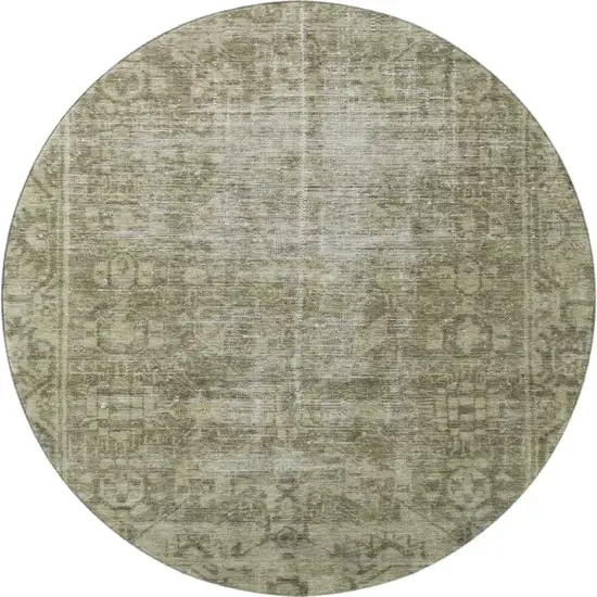 8' X 8' Olive Green And Silver Oriental Washable Round Rug With UV Protection Photo 2