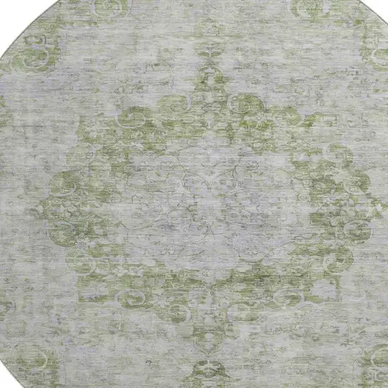 8' X 8' Olive Green And Silver Oriental Washable Round Rug With UV Protection Photo 2