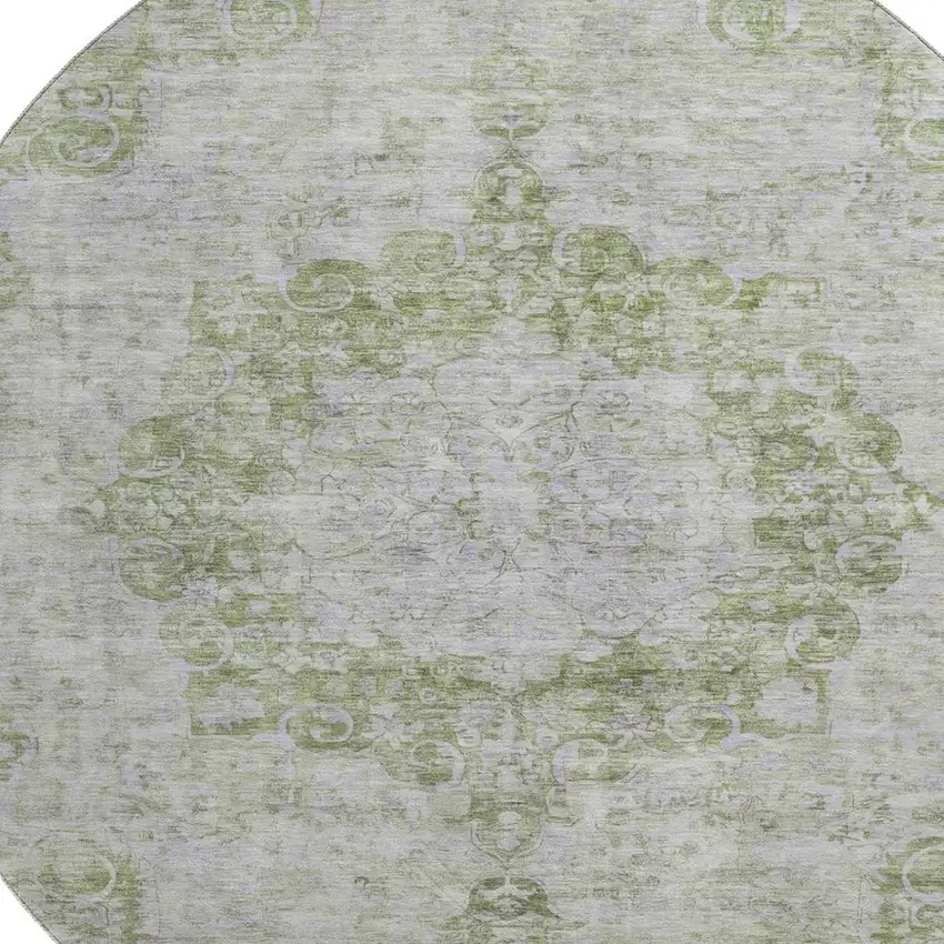 8' X 8' Olive Green And Silver Oriental Washable Round Rug With UV Protection Photo 2