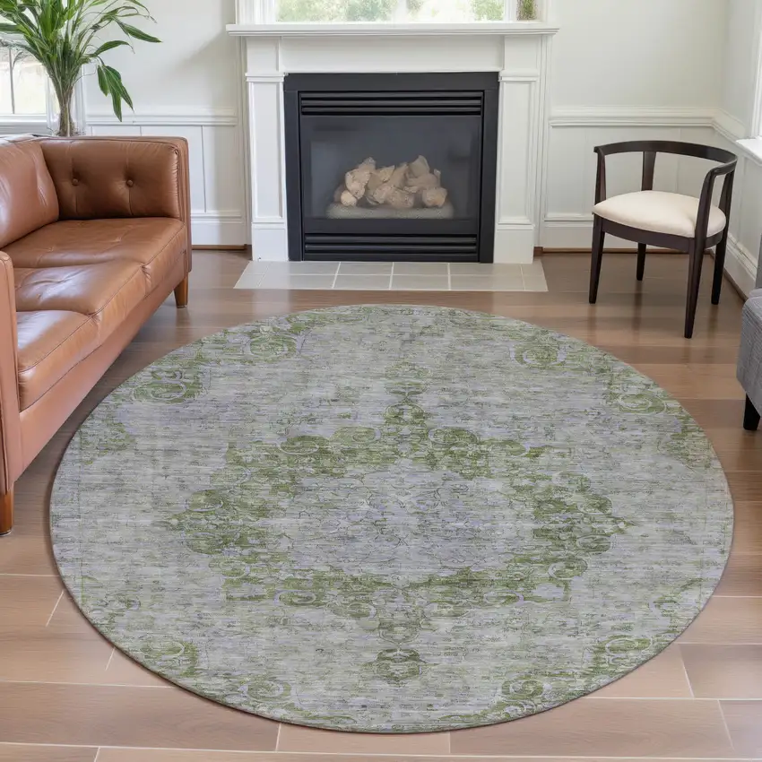 8' X 8' Olive Green And Silver Oriental Washable Round Rug With UV Protection Photo 4