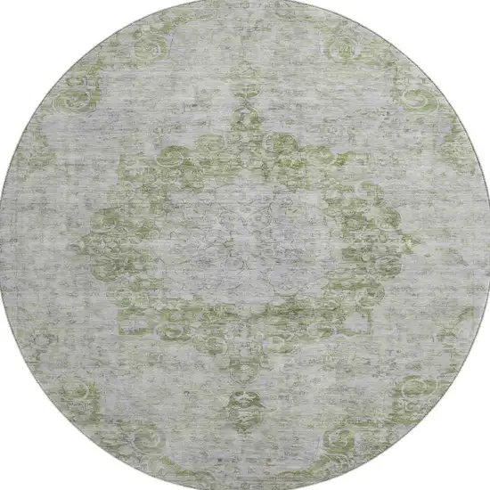 8' X 8' Olive Green And Silver Oriental Washable Round Rug With UV Protection Photo 3