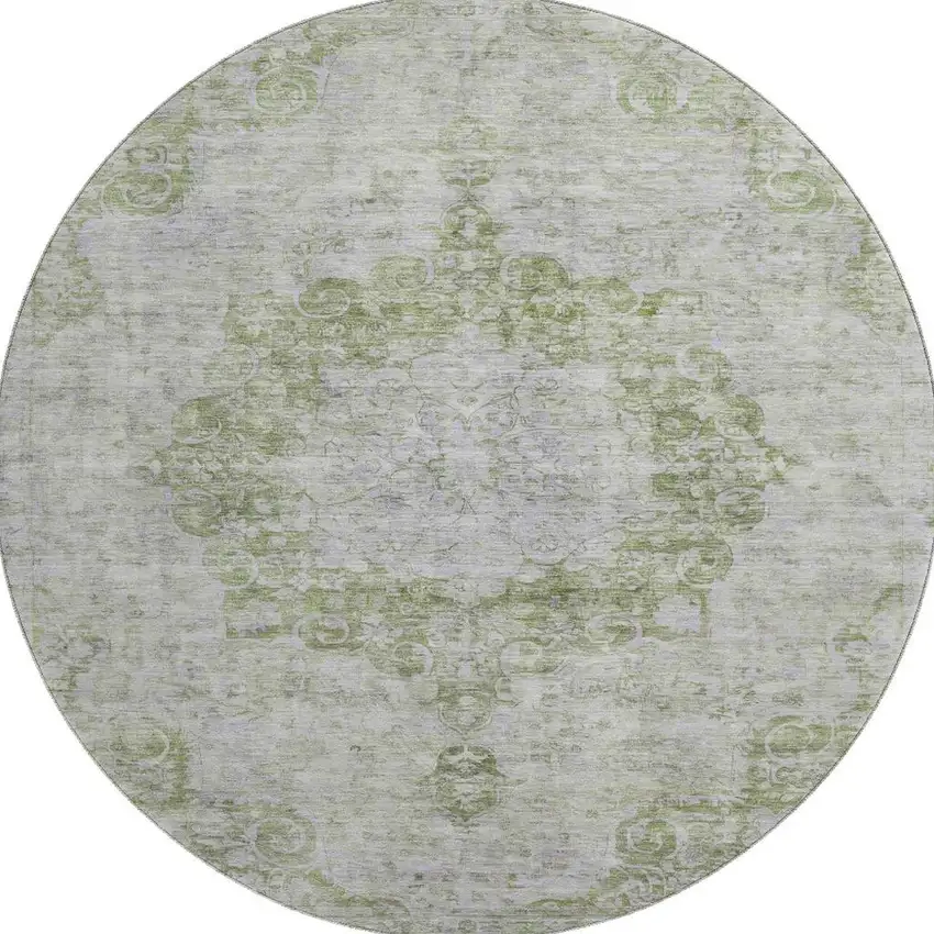 8' X 8' Olive Green And Silver Oriental Washable Round Rug With UV Protection Photo 3